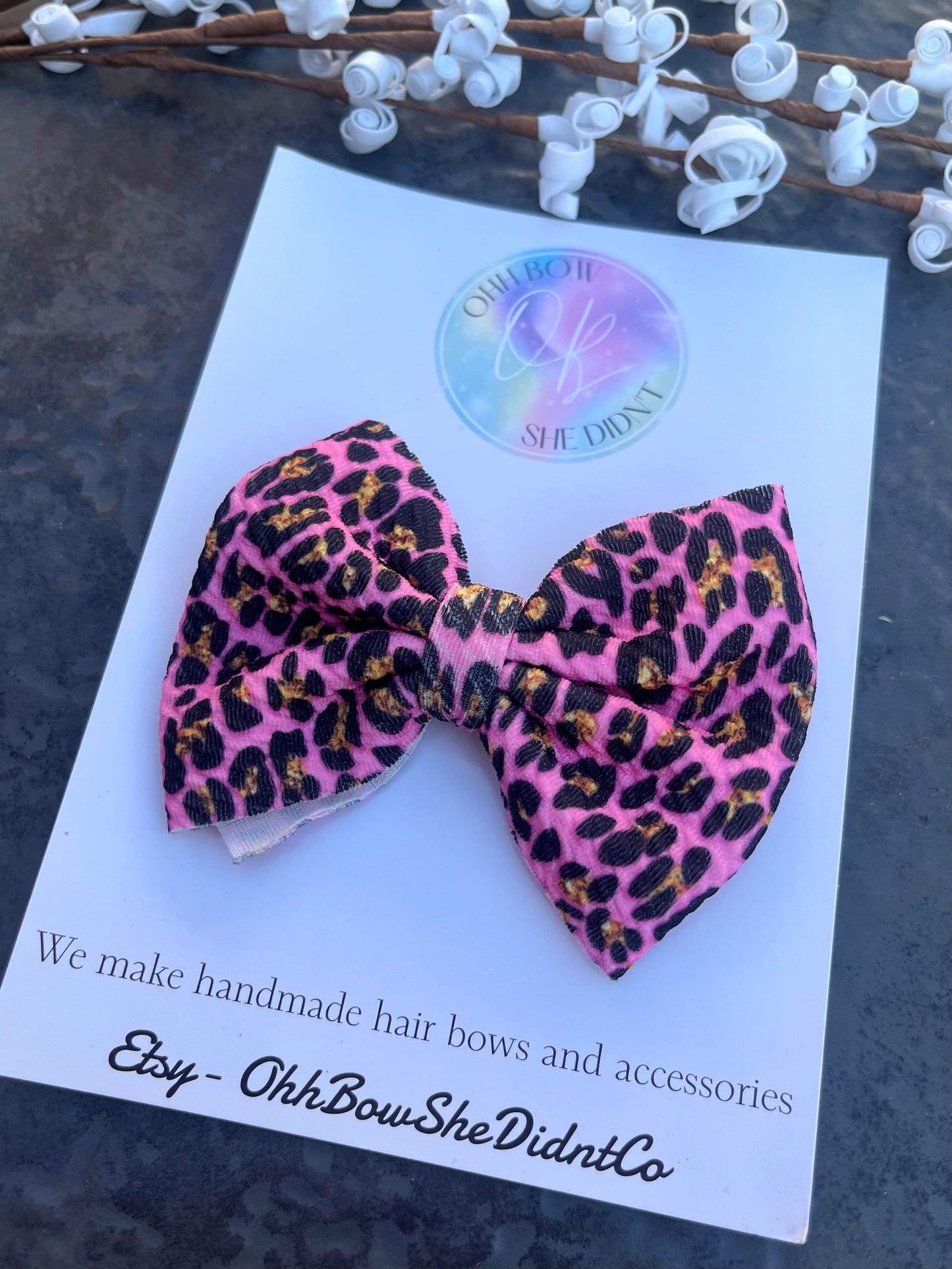 Pink leopard print hair bow
