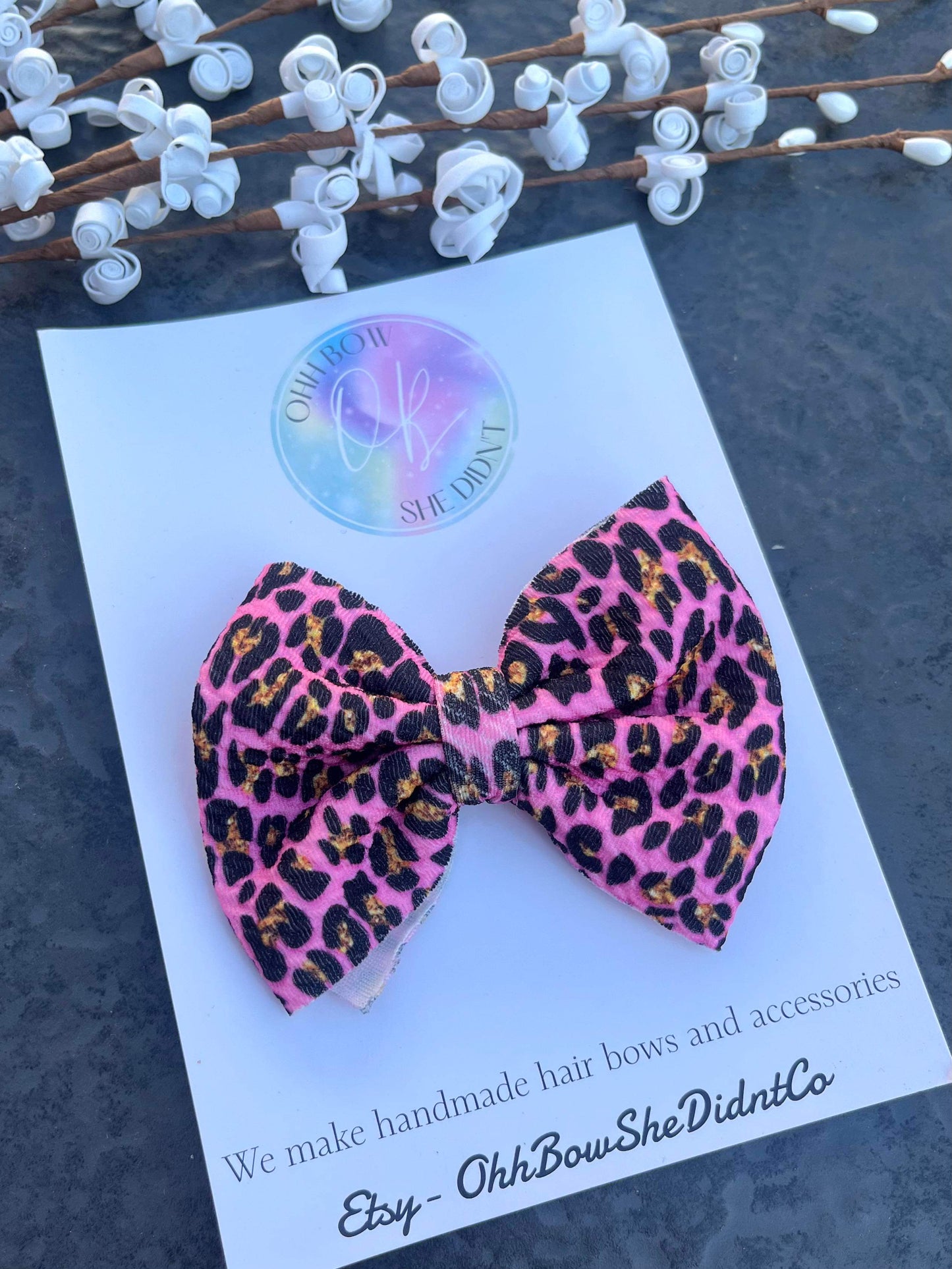 Pink leopard print hair bow